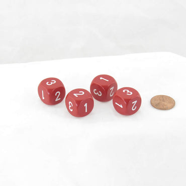 WCXXQ0304E4 Red Opaque Dice White Numbers D3 (D6 1-3 Twice) 16mm Pack of 4 (ONLINE ORDER ONLY)
