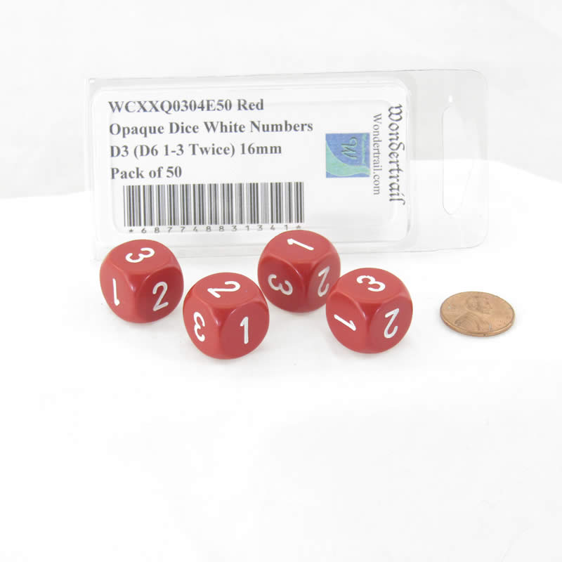 WCXXQ0304E4 Red Opaque Dice White Numbers D3 (D6 1-3 Twice) 16mm Pack of 4 (ONLINE ORDER ONLY)