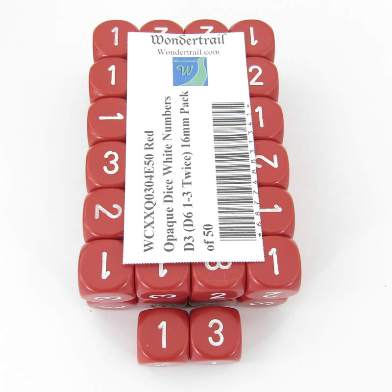 WCXXQ0304E50 Red Opaque Dice White Numbers D3 (D6 1-3 Twice) 16mm Pack of 50 (ONLINE ORDER ONLY)