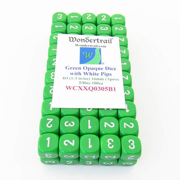 WCXXQ0305B1 Green Opaque Dice White Numbers D3 (D6 1-3 Twice) 16mm Pack of 100 (ONLINE ORDER ONLY)
