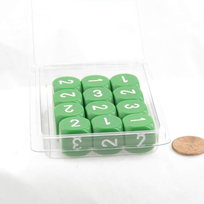 WCXXQ0305E12 Green Opaque Dice White Numbers D3 (D6 1-3 Twice) 16mm Pack of 12 (ONLINE ORDER ONLY)