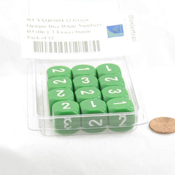 WCXXQ0305E12 Green Opaque Dice White Numbers D3 (D6 1-3 Twice) 16mm Pack of 12 (ONLINE ORDER ONLY)