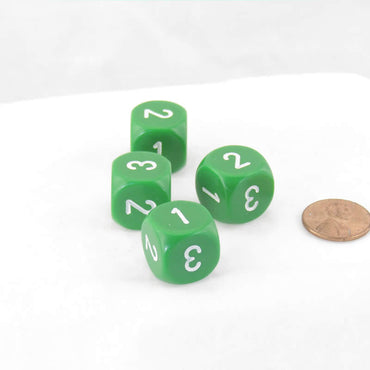 WCXXQ0305E4 Green Opaque Dice White Numbers D3 (D6 1-3 Twice) 16mm Pack of 4 (ONLINE ORDER ONLY)