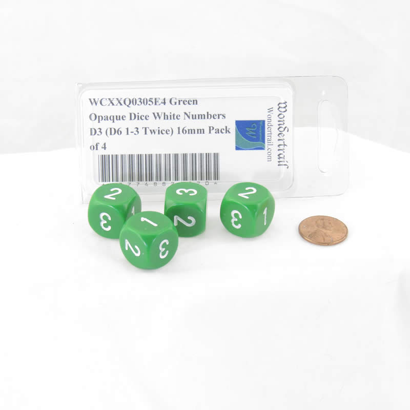 WCXXQ0305E4 Green Opaque Dice White Numbers D3 (D6 1-3 Twice) 16mm Pack of 4 (ONLINE ORDER ONLY)