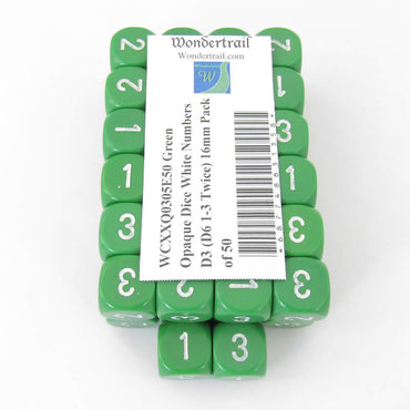 WCXXQ0305E50 Green Opaque Dice White Numbers D3 (D6 1-3 Twice) 16mm Pack of 50 (ONLINE ORDER ONLY)