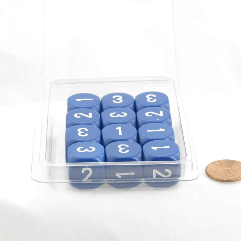 WCXXQ0306E12 Blue Opaque Dice White Numbers D3 (D6 1-3 Twice) 16mm Pack of 12 (ONLINE ORDER ONLY)