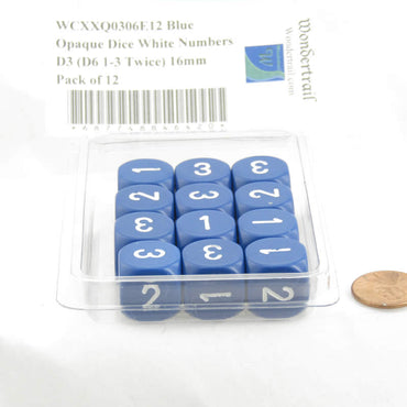 WCXXQ0306E12 Blue Opaque Dice White Numbers D3 (D6 1-3 Twice) 16mm Pack of 12 (ONLINE ORDER ONLY)