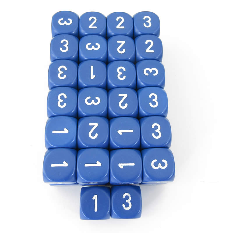 WCXXQ0306E50 Blue Opaque Dice White Numbers D3 (D6 1-3 Twice) 16mm Pack of 50 (ONLINE ORDER ONLY)