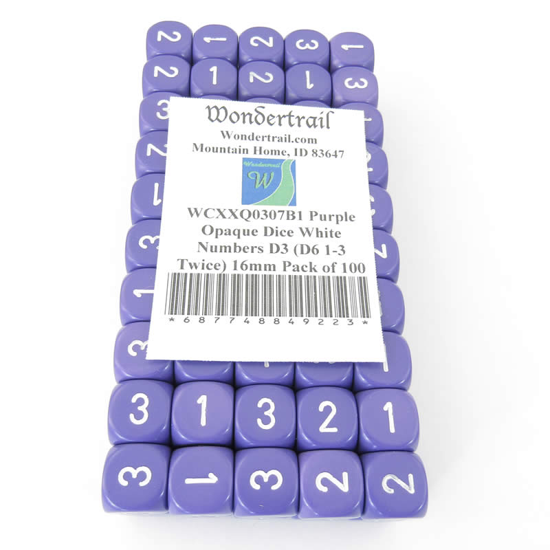 WCXXQ0307B1 Purple Opaque Dice White Numbers D3 (D6 1-3 Twice) 16mm Pack of 100 (ONLINE ORDER ONLY)