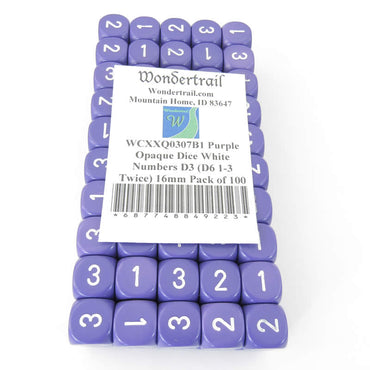 WCXXQ0307B1 Purple Opaque Dice White Numbers D3 (D6 1-3 Twice) 16mm Pack of 100 (ONLINE ORDER ONLY)