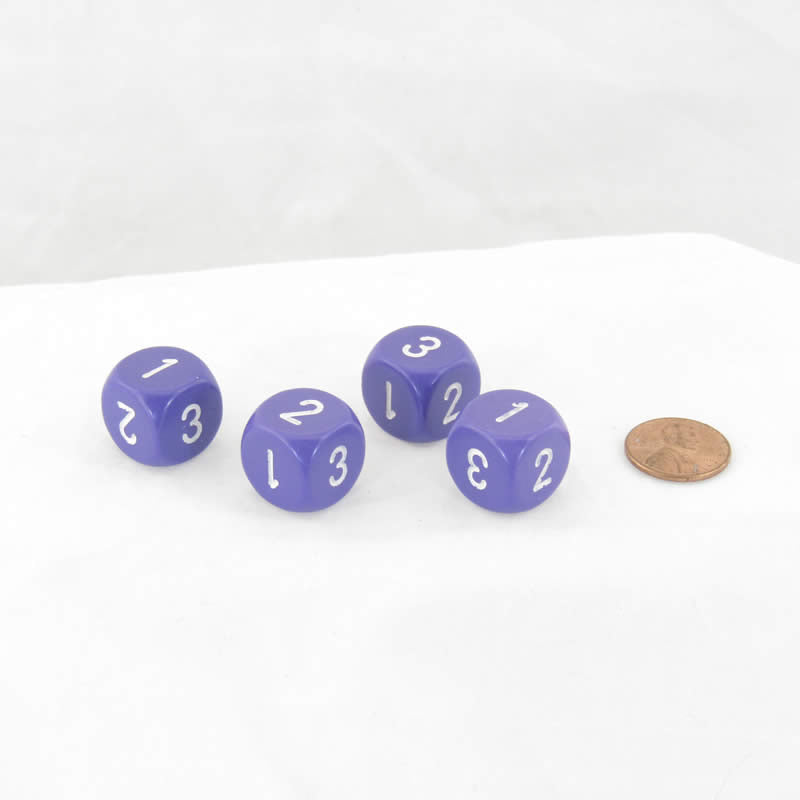 WCXXQ0307E4 Purple Opaque Dice White Numbers D3 (D6 1-3 Twice) 16mm Pack of 4 (ONLINE ORDER ONLY)