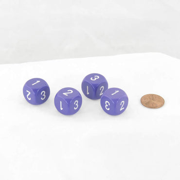 WCXXQ0307E4 Purple Opaque Dice White Numbers D3 (D6 1-3 Twice) 16mm Pack of 4 (ONLINE ORDER ONLY)