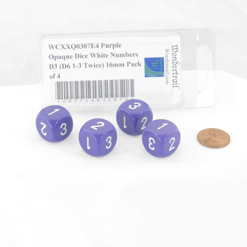 WCXXQ0307E4 Purple Opaque Dice White Numbers D3 (D6 1-3 Twice) 16mm Pack of 4 (ONLINE ORDER ONLY)