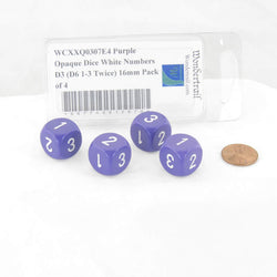 WCXXQ0307E4 Purple Opaque Dice White Numbers D3 (D6 1-3 Twice) 16mm Pack of 4 (ONLINE ORDER ONLY)
