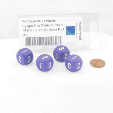 WCXXQ0307E4 Purple Opaque Dice White Numbers D3 (D6 1-3 Twice) 16mm Pack of 4 (ONLINE ORDER ONLY)