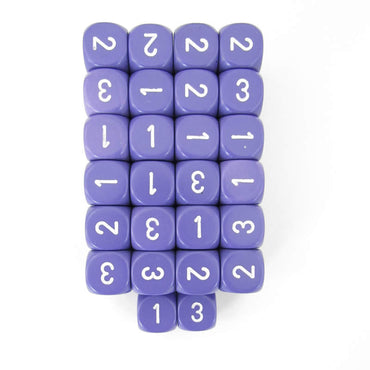 WCXXQ0307E50 Purple Opaque Dice White Numbers D3 (D6 1-3 Twice) 16mm Pack of 50 (ONLINE ORDER ONLY)
