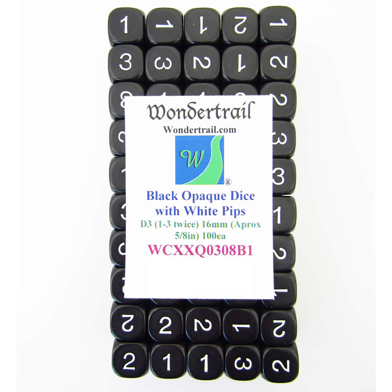 WCXXQ0308B1 Black Opaque Dice White Numbers D3 (D6 1-3 Twice) 16mm Pack of 100 (ONLINE ORDER ONLY)