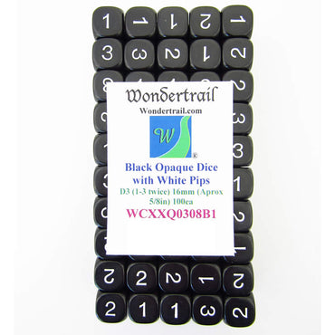 WCXXQ0308B1 Black Opaque Dice White Numbers D3 (D6 1-3 Twice) 16mm Pack of 100 (ONLINE ORDER ONLY)