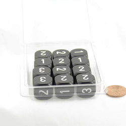 WCXXQ0308E12 Black Opaque Dice White Numbers D3 (D6 1-3 Twice) 16mm Pack of 12 (ONLINE ORDER ONLY)