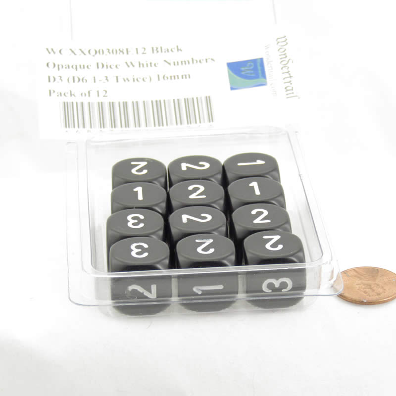 WCXXQ0308E12 Black Opaque Dice White Numbers D3 (D6 1-3 Twice) 16mm Pack of 12 (ONLINE ORDER ONLY)