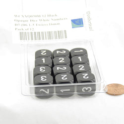 WCXXQ0308E12 Black Opaque Dice White Numbers D3 (D6 1-3 Twice) 16mm Pack of 12 (ONLINE ORDER ONLY)