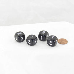 WCXXQ0308E4 Black Opaque Dice White Numbers D3 (D6 1-3 Twice) 16mm Pack of 4 (ONLINE ORDER ONLY)