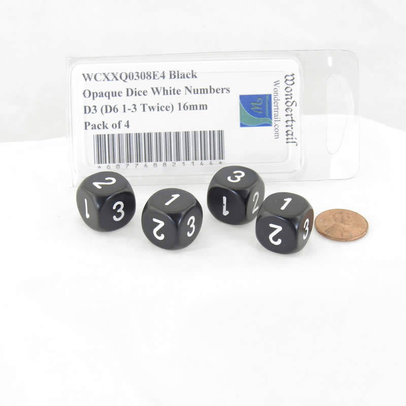 WCXXQ0308E4 Black Opaque Dice White Numbers D3 (D6 1-3 Twice) 16mm Pack of 4 (ONLINE ORDER ONLY)