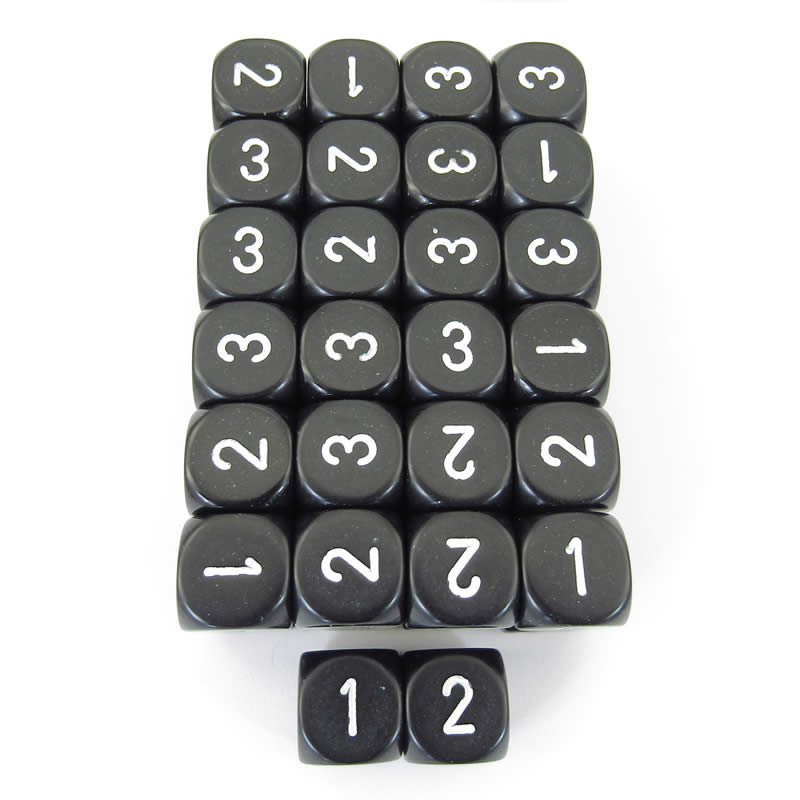 WCXXQ0308E50 Black Opaque Dice White Numbers D3 (D6 1-3 Twice) 16mm Pack of 50 (ONLINE ORDER ONLY)