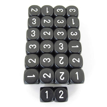 WCXXQ0308E50 Black Opaque Dice White Numbers D3 (D6 1-3 Twice) 16mm Pack of 50 (ONLINE ORDER ONLY)