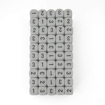 WCXXQ0310B1 Gray Opaque Dice Black Numbers D3 (d6 1-3 Twice) 16mm Pack of 100 (ONLINE ORDER ONLY)