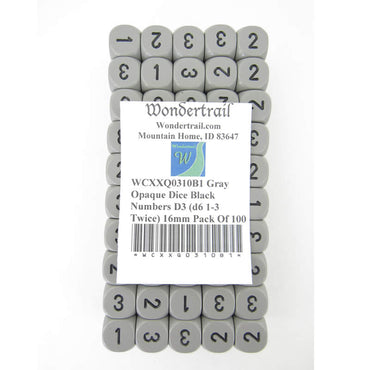 WCXXQ0310B1 Gray Opaque Dice Black Numbers D3 (d6 1-3 Twice) 16mm Pack of 100 (ONLINE ORDER ONLY)