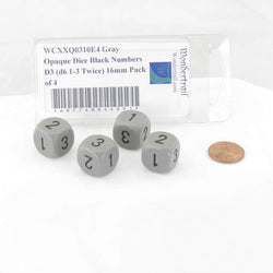 WCXXQ0310E4 Gray Opaque Dice Black Numbers D3 (d6 1-3 Twice) 16mm Pack of 4 (ONLINE ORDER ONLY)