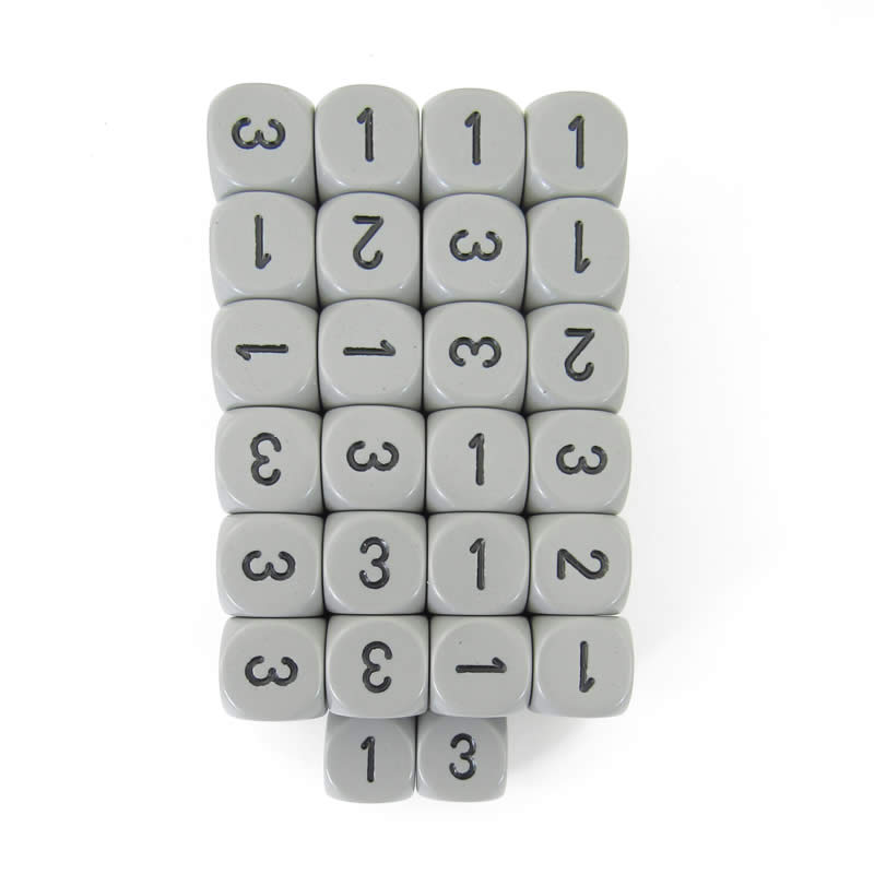 WCXXQ0310E50 Gray Opaque Dice Black Numbers D3 (d6 1-3 Twice) 16mm Pack of 50 (ONLINE ORDER ONLY)