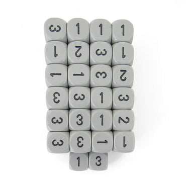 WCXXQ0310E50 Gray Opaque Dice Black Numbers D3 (d6 1-3 Twice) 16mm Pack of 50 (ONLINE ORDER ONLY)