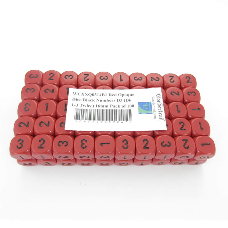 WCXXQ0314B1 Red Opaque Dice Black Numbers D3 (D6 1-3 Twice) 16mm Pack of 100 (ONLINE ORDER ONLY)