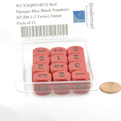 WCXXQ0314E12 Red Opaque Dice Black Numbers D3 (D6 1-3 Twice) 16mm Pack of 12 (ONLINE ORDER ONLY)
