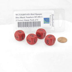 WCXXQ0314E4 Red Opaque Dice Black Numbers D3 (D6 1-3 Twice) 16mm Pack of 4 (ONLINE ORDER ONLY)