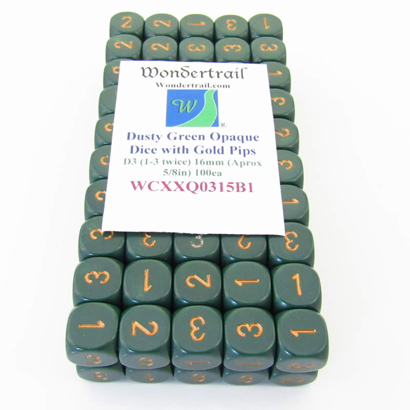 WCXXQ0315B1 Dusty Green Opaque Dice Gold Numbers D3 (D6 1-3 Twice) 16mm Pack of 100 (ONLINE ORDER ONLY)