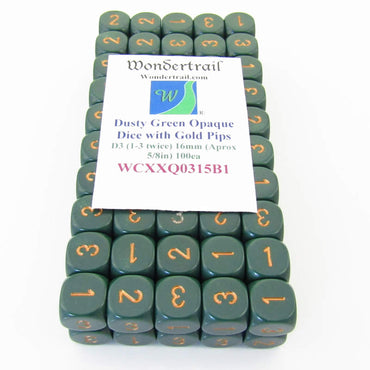 WCXXQ0315B1 Dusty Green Opaque Dice Gold Numbers D3 (D6 1-3 Twice) 16mm Pack of 100 (ONLINE ORDER ONLY)