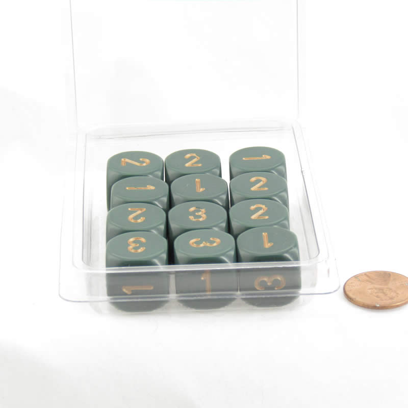 WCXXQ0315E12 Dusty Green Opaque Dice Gold Numbers D3 (D6 1-3 Twice) 16mm Pack of 12 (ONLINE ORDER ONLY)