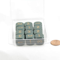 WCXXQ0315E12 Dusty Green Opaque Dice Gold Numbers D3 (D6 1-3 Twice) 16mm Pack of 12 (ONLINE ORDER ONLY)
