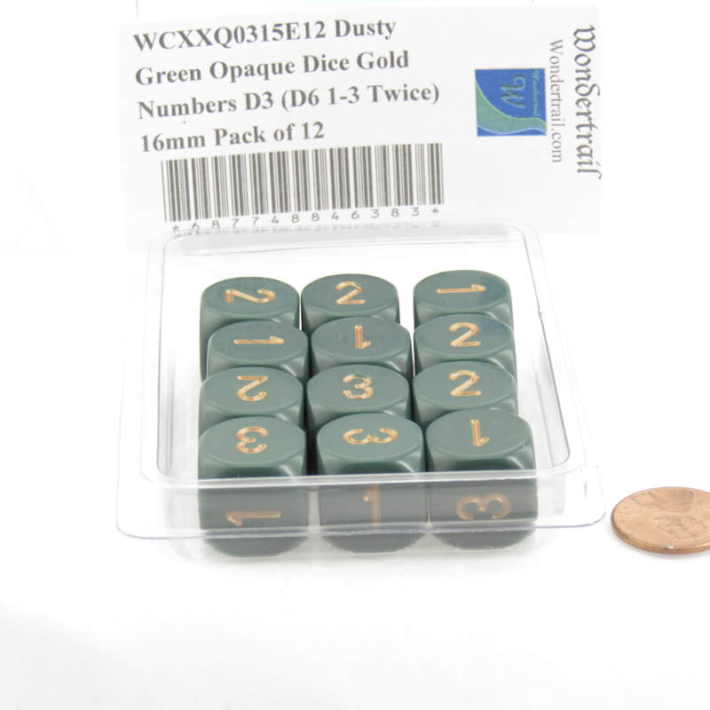 WCXXQ0315E12 Dusty Green Opaque Dice Gold Numbers D3 (D6 1-3 Twice) 16mm Pack of 12 (ONLINE ORDER ONLY)