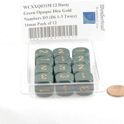 WCXXQ0315E12 Dusty Green Opaque Dice Gold Numbers D3 (D6 1-3 Twice) 16mm Pack of 12 (ONLINE ORDER ONLY)