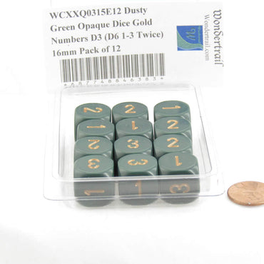 WCXXQ0315E12 Dusty Green Opaque Dice Gold Numbers D3 (D6 1-3 Twice) 16mm Pack of 12 (ONLINE ORDER ONLY)