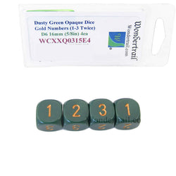 WCXXQ0315E4 Dusty Green Opaque Dice Gold Numbers D3 (D6 1-3 Twice) 16mm Pack of 4 (ONLINE ORDER ONLY)