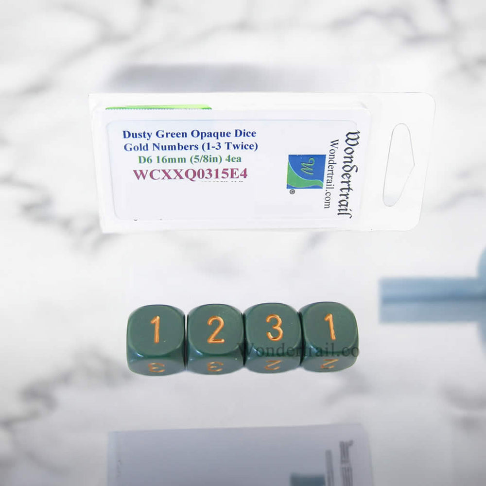 WCXXQ0315E4 Dusty Green Opaque Dice Gold Numbers D3 (D6 1-3 Twice) 16mm Pack of 4 (ONLINE ORDER ONLY)