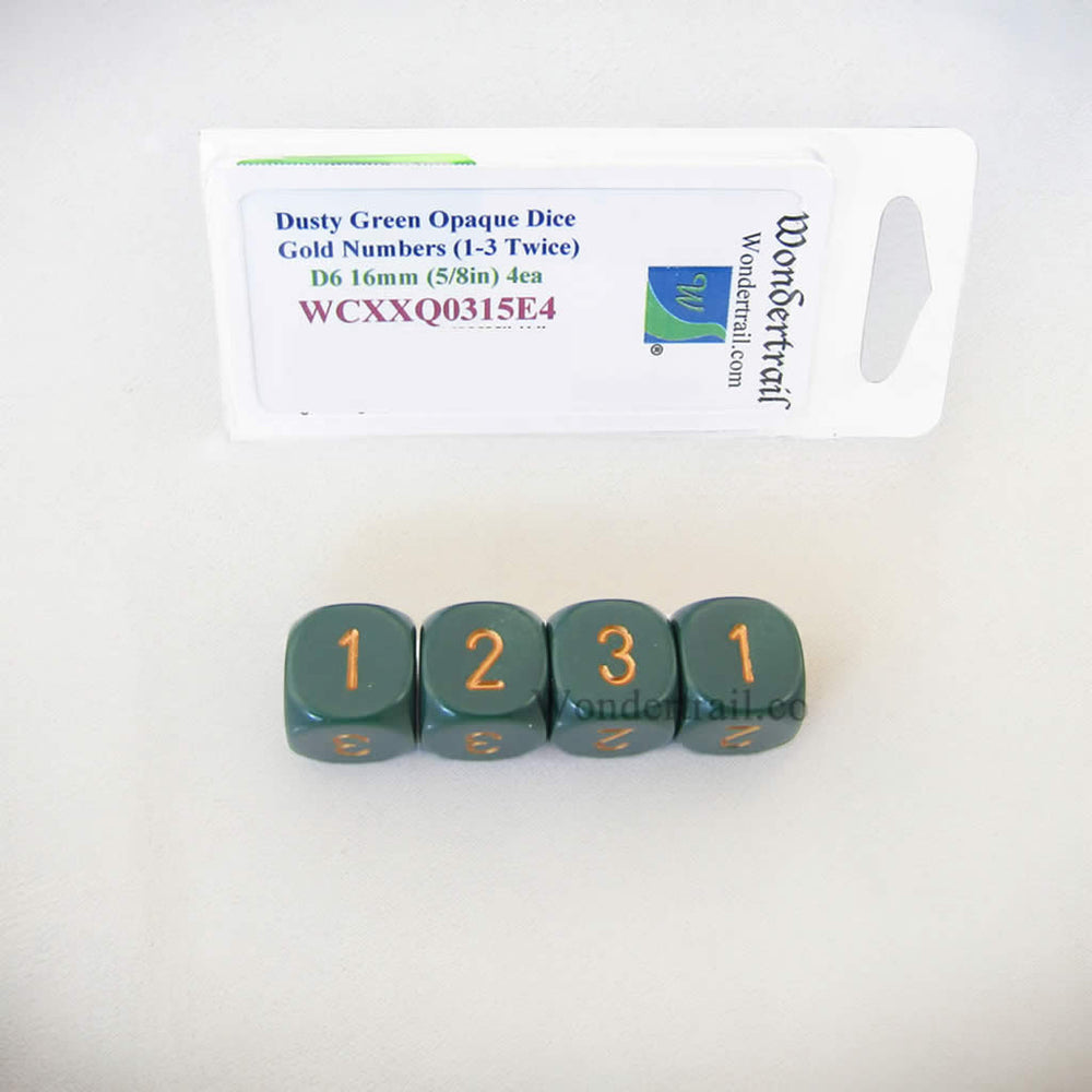 WCXXQ0315E4 Dusty Green Opaque Dice Gold Numbers D3 (D6 1-3 Twice) 16mm Pack of 4 (ONLINE ORDER ONLY)
