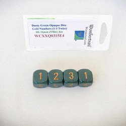 WCXXQ0315E4 Dusty Green Opaque Dice Gold Numbers D3 (D6 1-3 Twice) 16mm Pack of 4 (ONLINE ORDER ONLY)