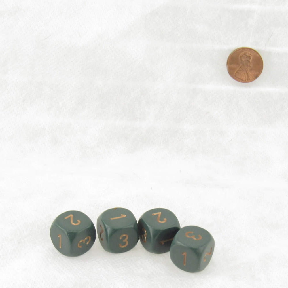 WCXXQ0315E4 Dusty Green Opaque Dice Gold Numbers D3 (D6 1-3 Twice) 16mm Pack of 4 (ONLINE ORDER ONLY)