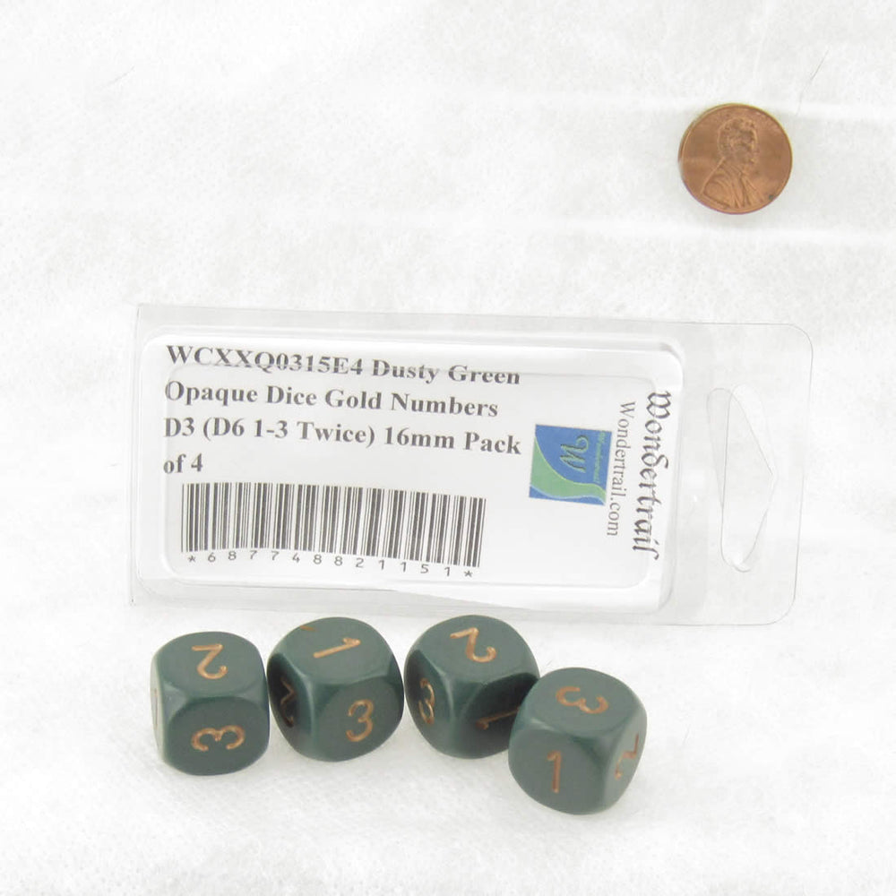 WCXXQ0315E4 Dusty Green Opaque Dice Gold Numbers D3 (D6 1-3 Twice) 16mm Pack of 4 (ONLINE ORDER ONLY)